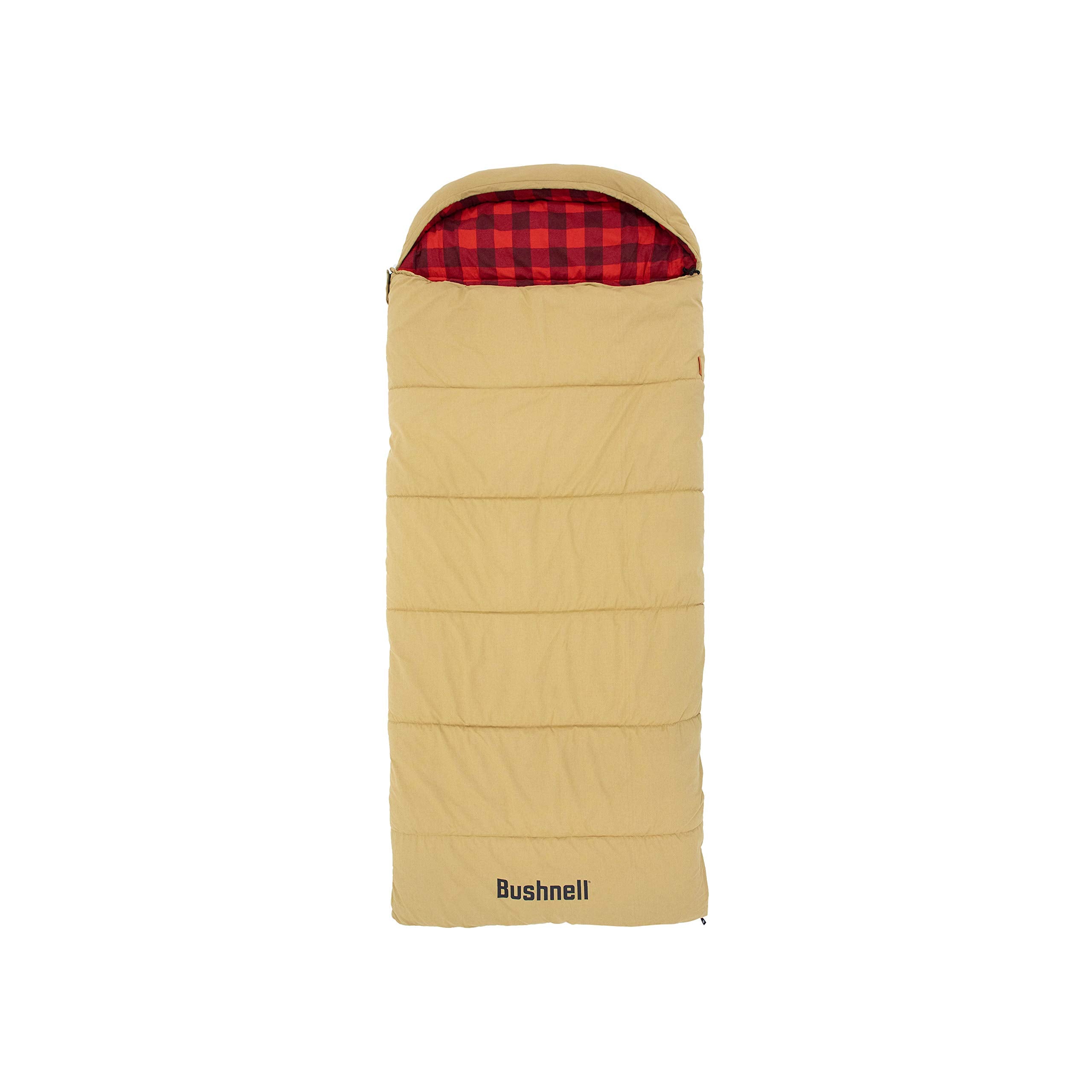 Bushnell hooded sleeping bag with canvas shell for rugged outdoor use.