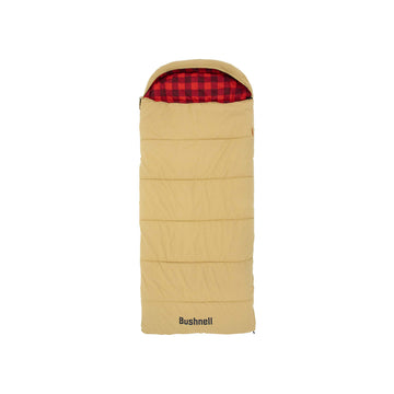 Bushnell hooded sleeping bag with canvas shell for rugged outdoor use.