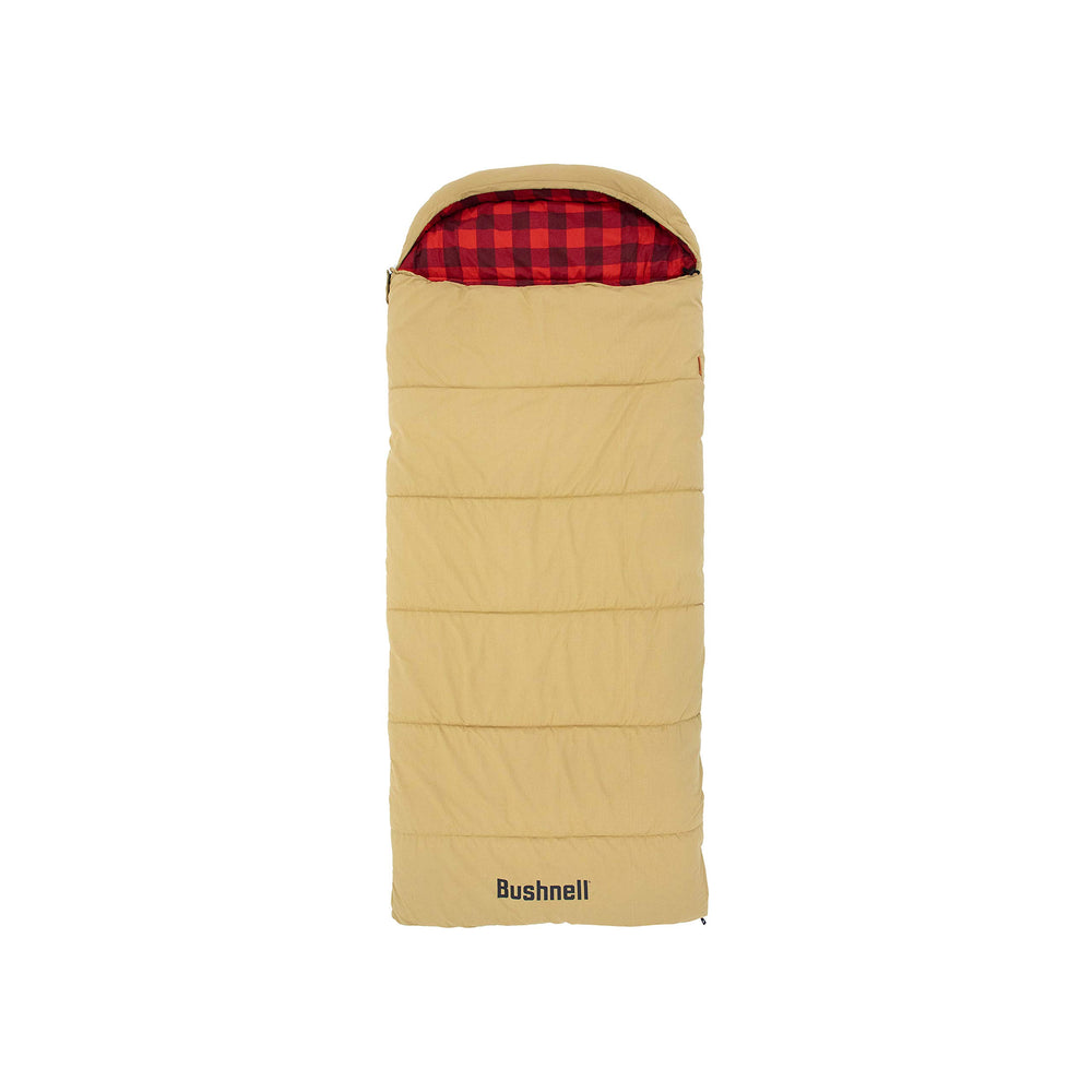 Bushnell hooded sleeping bag with canvas shell for rugged outdoor use.