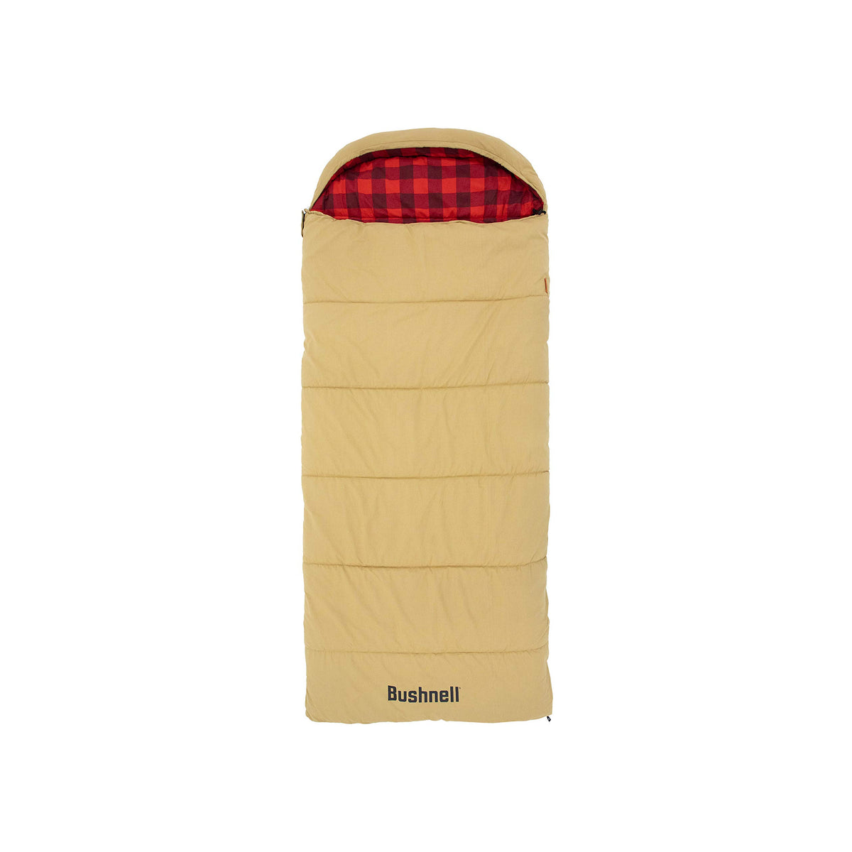 Bushnell hooded sleeping bag with canvas shell for rugged outdoor use.