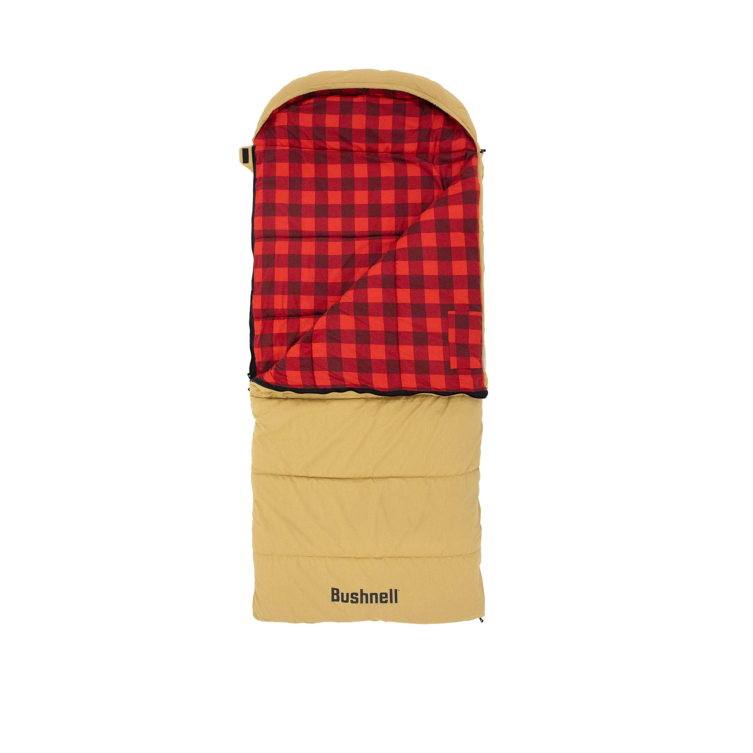 Close-up of the built-in hood on the Bushnell sleeping bag demonstrating heat retention.