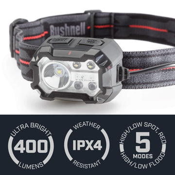 Bushnell PRO Rechargeable 400L headlamp with flood and spot modes for versatile lighting