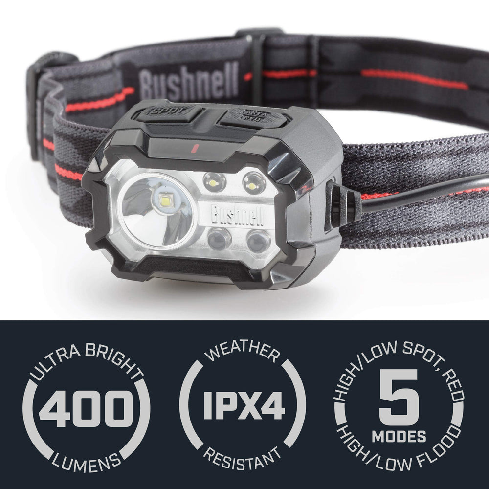 Bushnell PRO Rechargeable 400L headlamp with flood and spot modes for versatile lighting