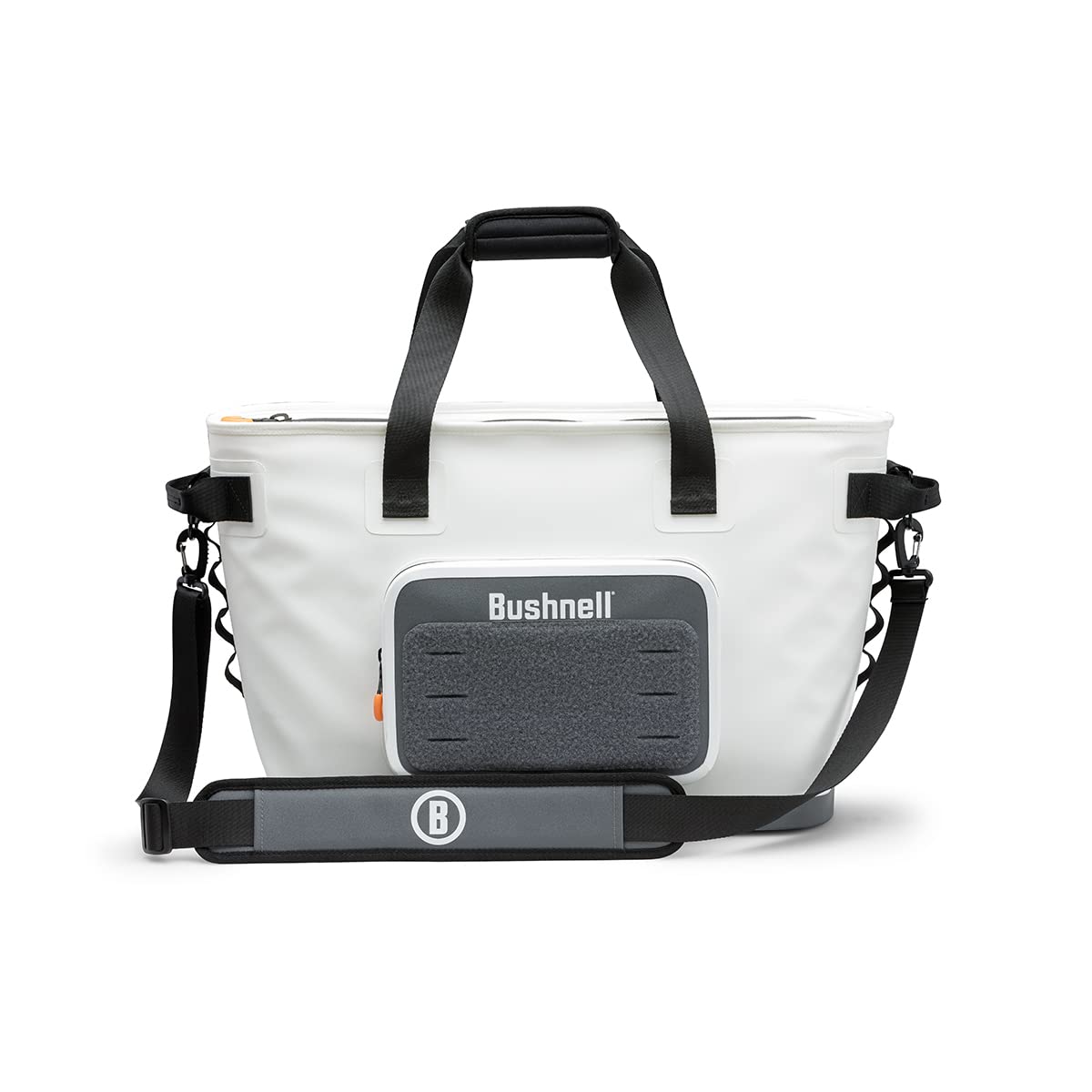 Bushnell Soft Cooler front view showing 30-can capacity on a sunny beach.