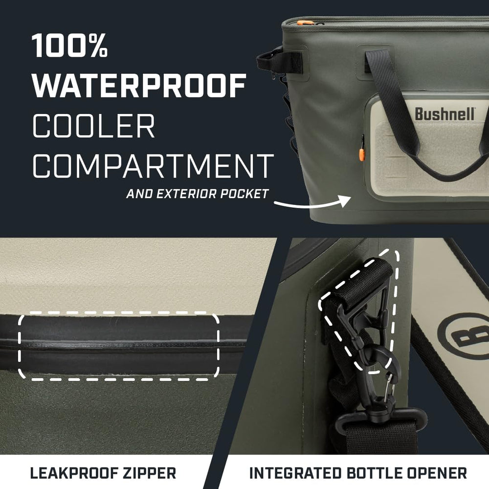 Bushnell Soft Cooler includes integrated bottle openers for quick refreshing drinks.