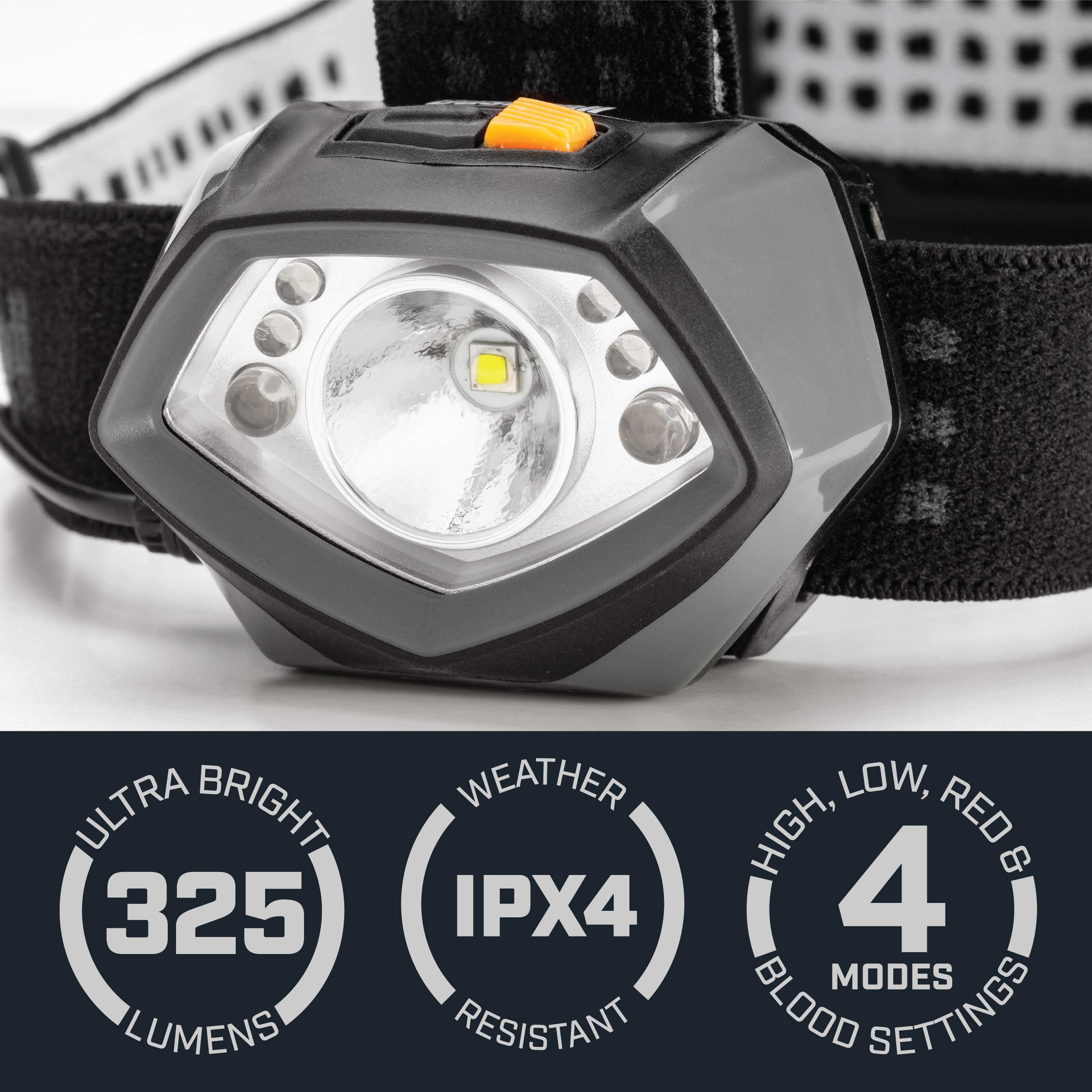Bushnell TRKR 325L headlamp IPX4 rating for weather resistant use.