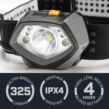 Bushnell TRKR 325L headlamp IPX4 rating for weather resistant use.