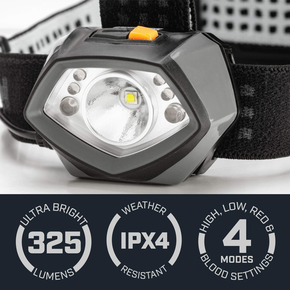 Bushnell TRKR 325L headlamp IPX4 rating for weather resistant use.