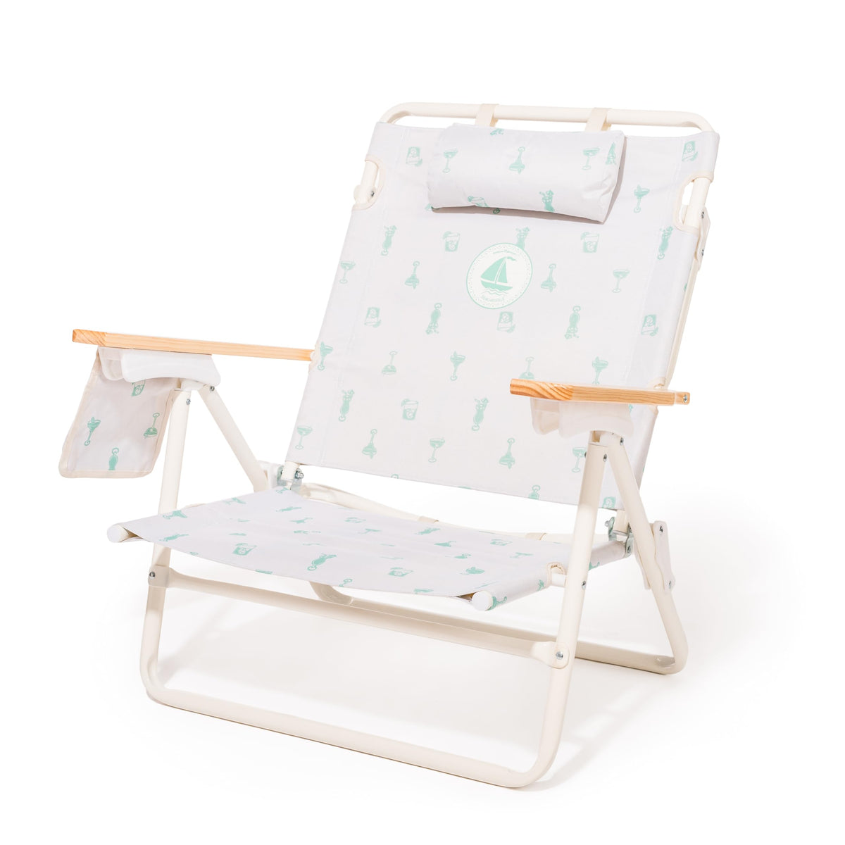 Business & Pleasure Co. Margaritaville Manana backpack chair in recline mode for beach comfort.
