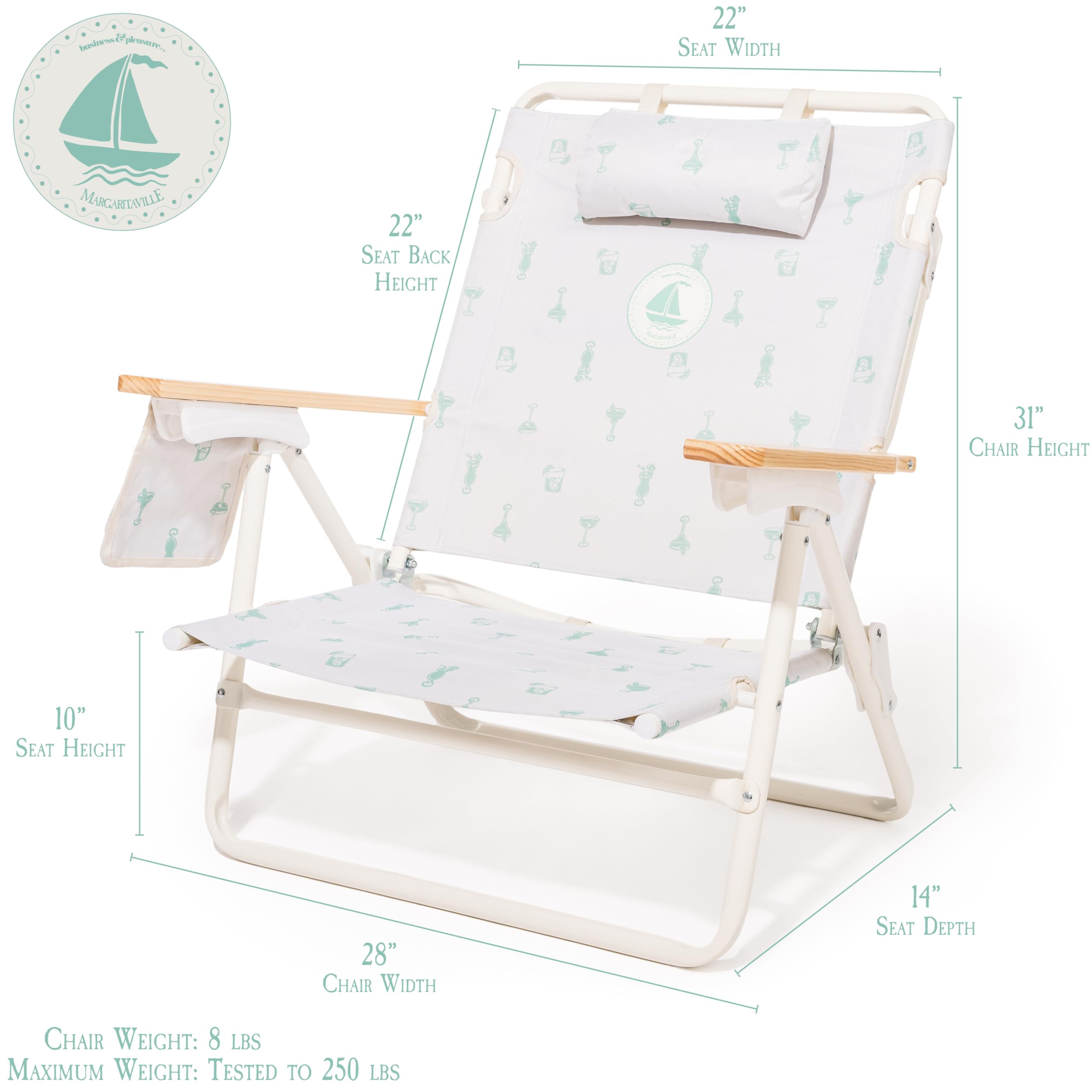 Business & Pleasure Co. Margaritaville Manana backpack chair with side pocket proves convenient hydration and storage.