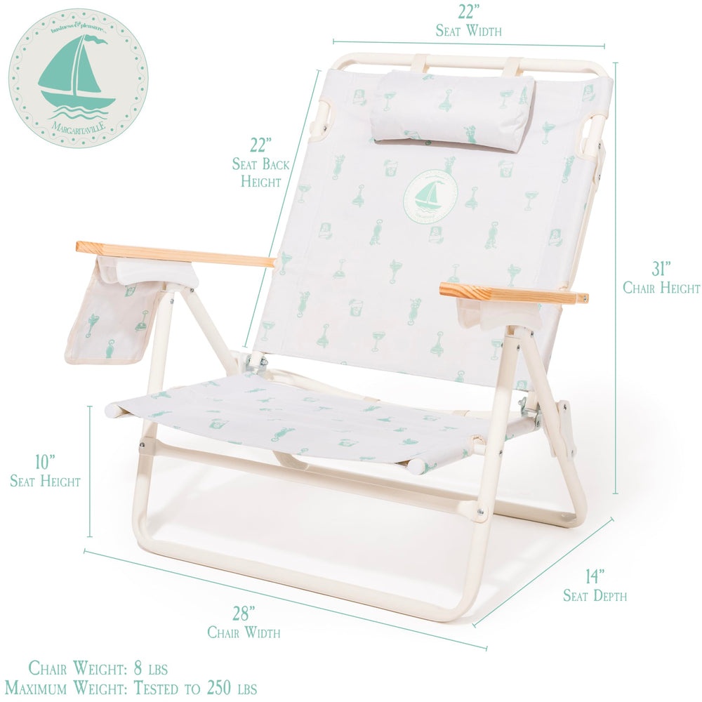 Business & Pleasure Co. Margaritaville Manana backpack chair with side pocket proves convenient hydration and storage.