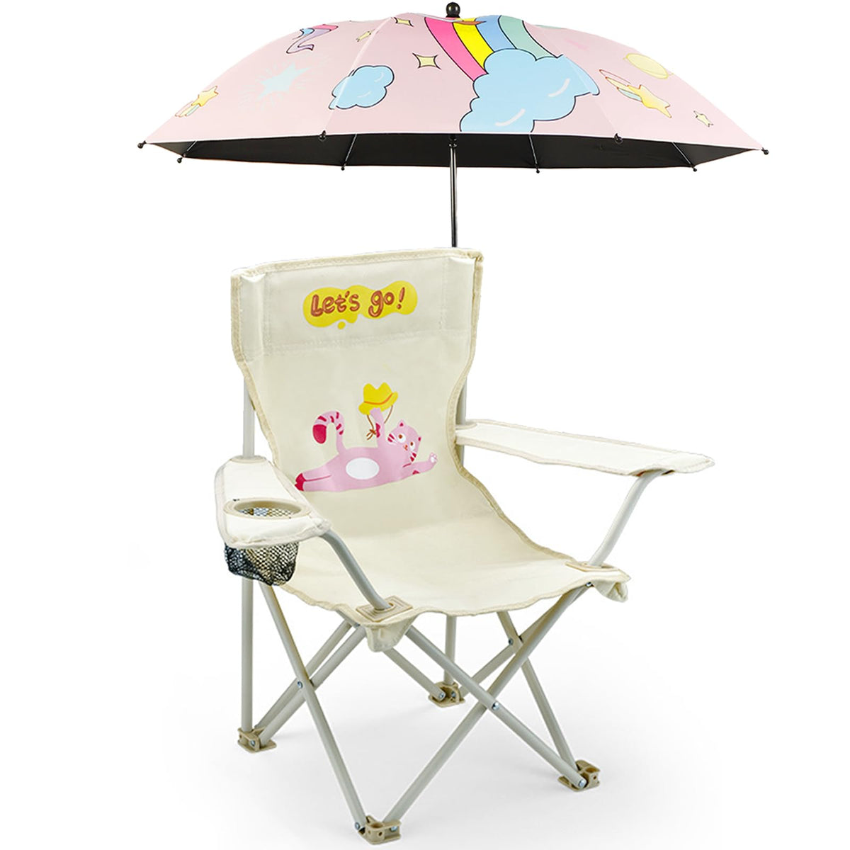 BUSYSIR Kids beach chair with umbrella on pink fabric for shaded seaside comfort