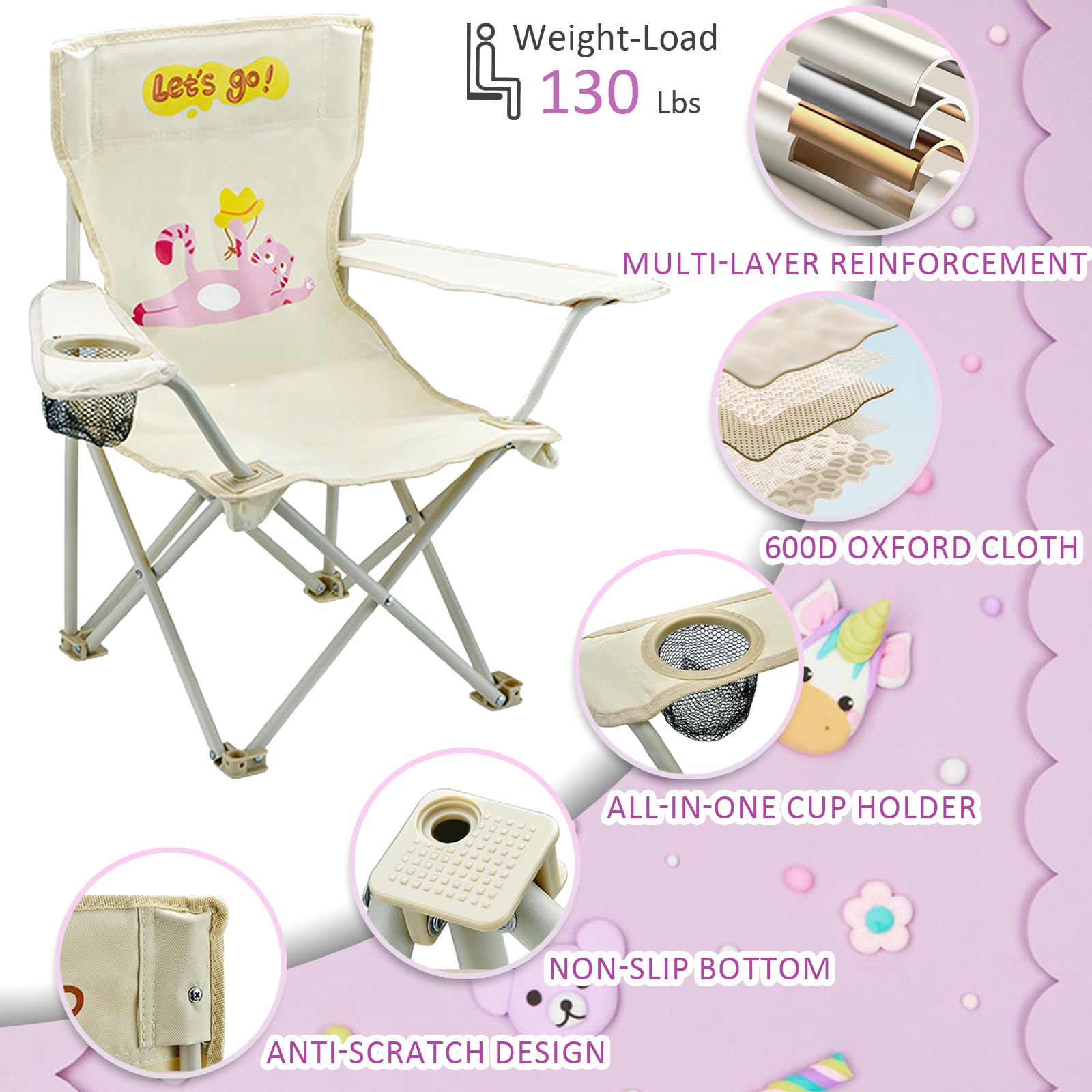 BUSYSIR Kids folding chair with mesh cup holder for drinks within reach