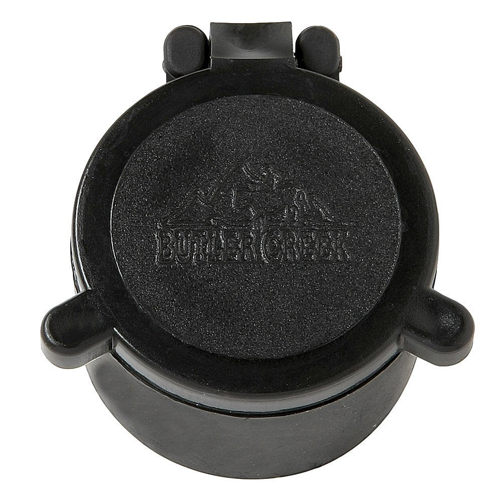 Butler Creek 34 objective flip-open scope cover in closed position protecting lenses during transport