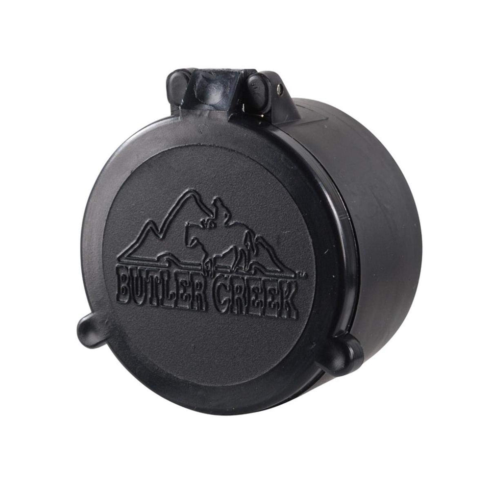Butler Creek 40 flip-open scope cover protecting the objective lens with instant thumb access.