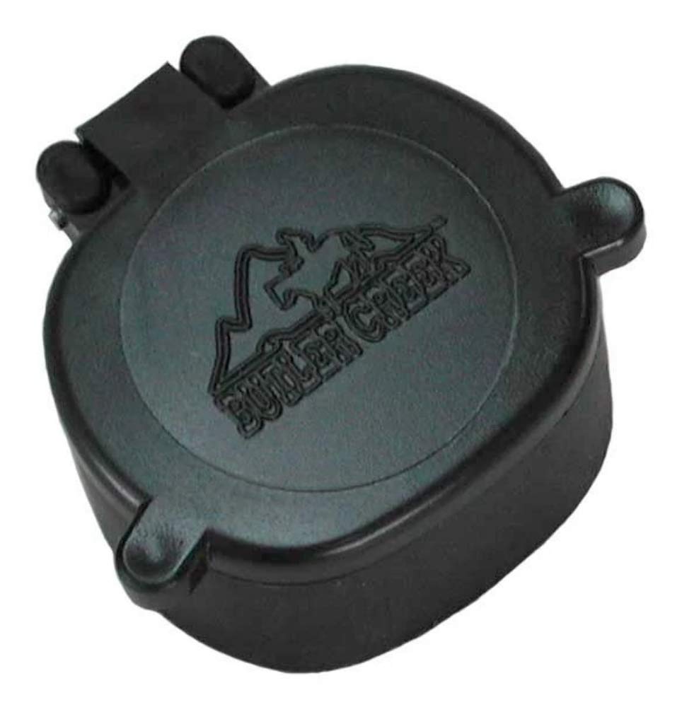Butler Creek 43 objective flip-open scope cover with thumb-access provides quick access and lens protection.