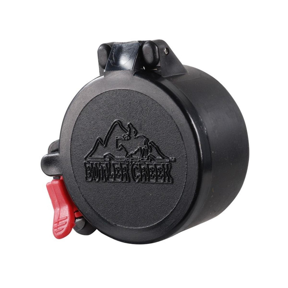Butler Creek flip-open eyepiece scope cover mounted on a scope for instant protection