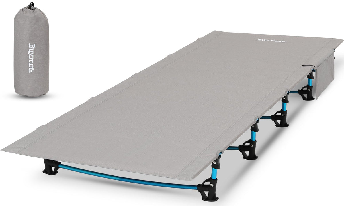Buymoth ultralight folding camping cot bed shown in use for easy backpacking.