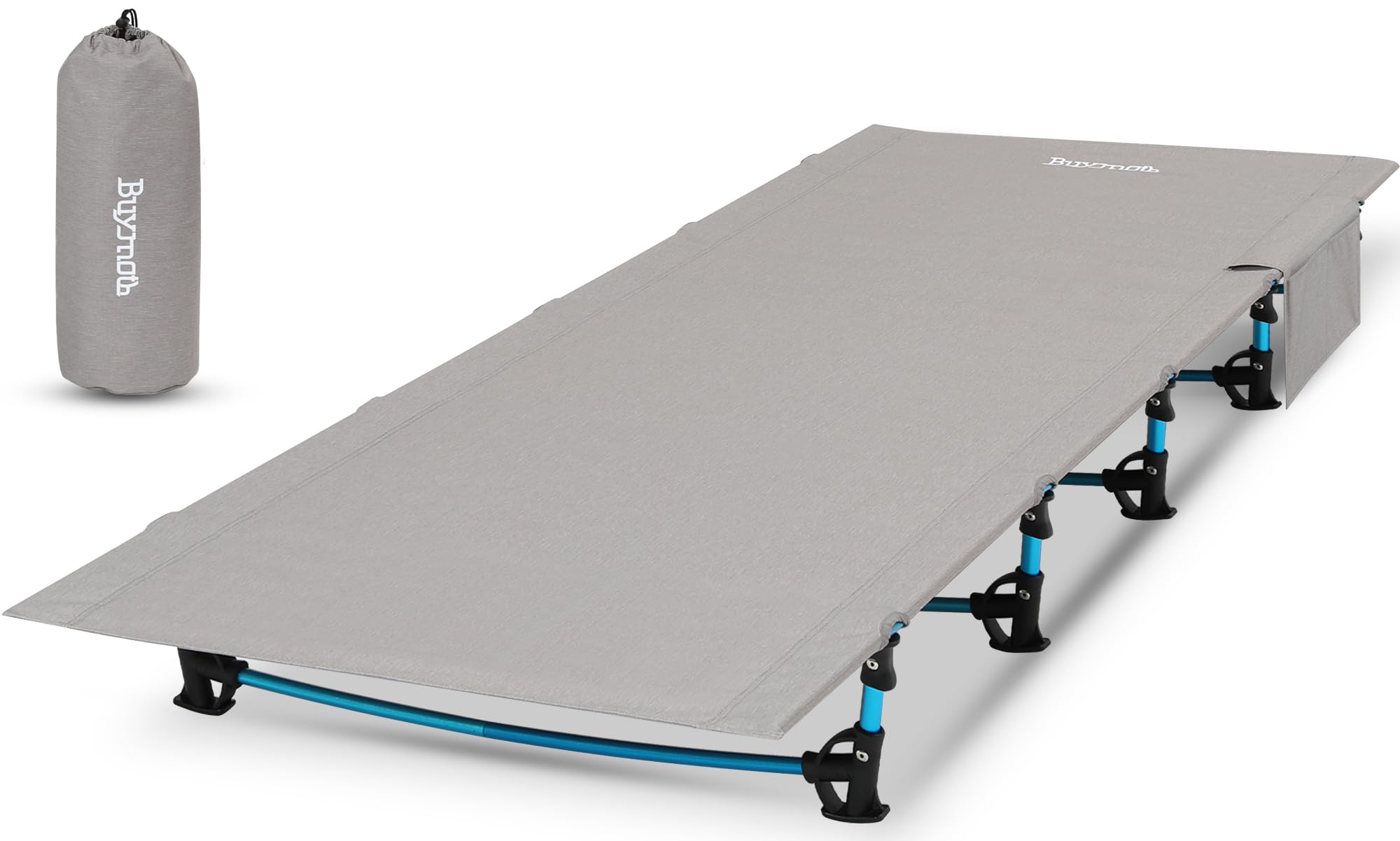 Buymoth ultralight folding camping cot bed shown in use for easy backpacking.