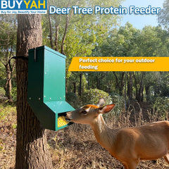 BUYYAH tree-mount deer feeder with included straps for quick installation.