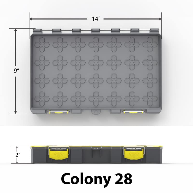 BUZBE Empty Colony 28 tackle box with HEXLOK GRID SYSTEM for organized storage.