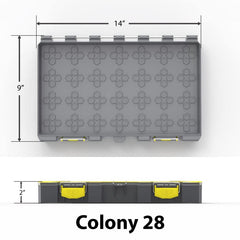 BUZBE Empty Colony 28 tackle box with HEXLOK GRID SYSTEM for organized storage.