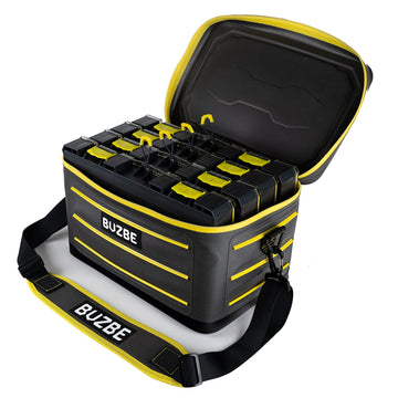 BUZBE Swarm 28 dry bag front view with yellow accents for visibility and organization.
