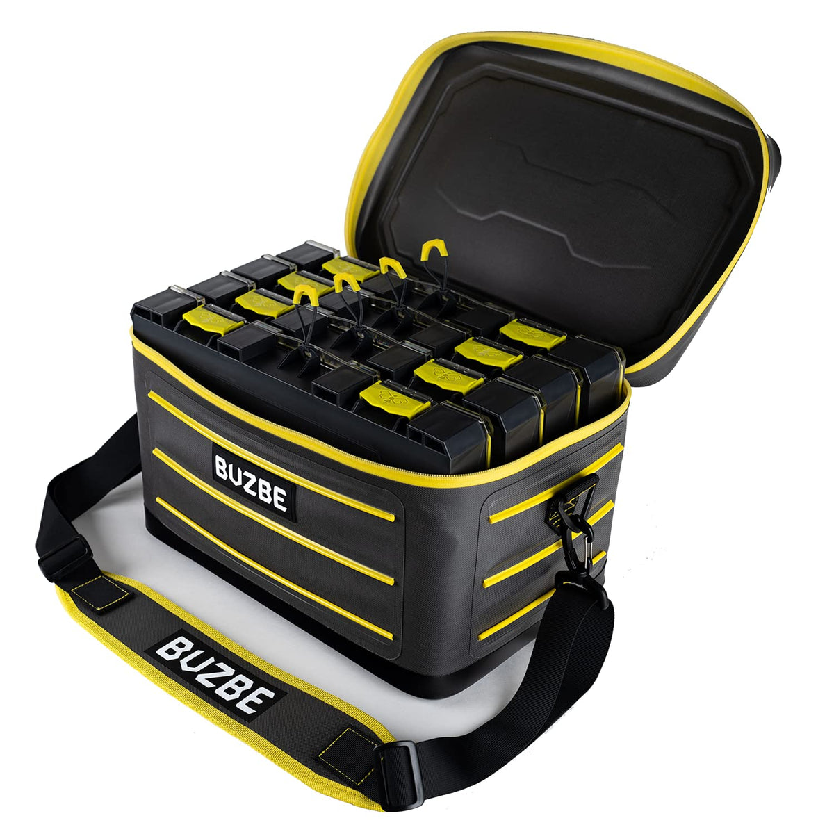 BUZBE Swarm 28 dry bag front view with yellow accents for visibility and organization.