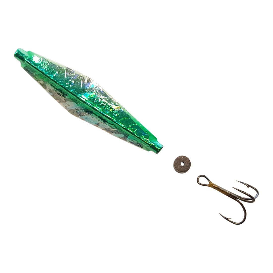 Buzz Bomb Green Holographic 2.5-inch lure shines in water to attract bites in varied conditions.