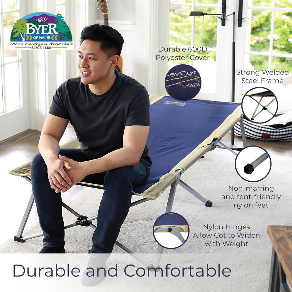 Byer of Maine Easy Cot extra-long design accommodates taller sleepers for full stretch.