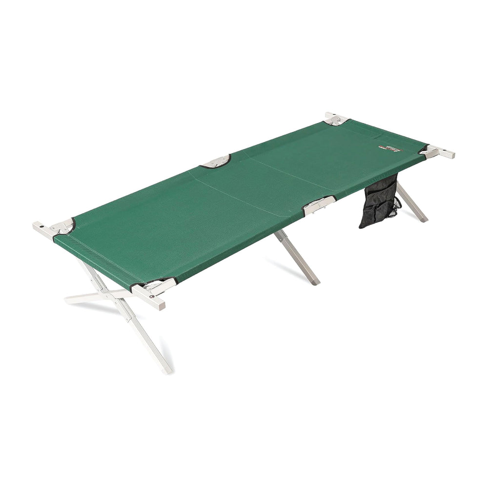 BYER OF MAINE military cot front view shows a sturdy steel frame for outdoor sleep.
