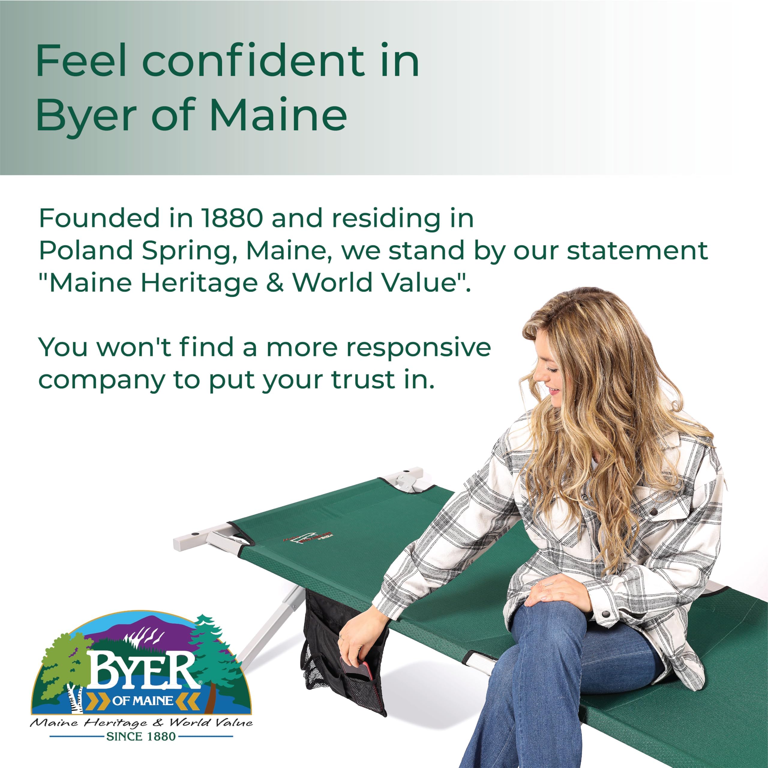 BYER OF MAINE military cot in use outdoors during camping.
