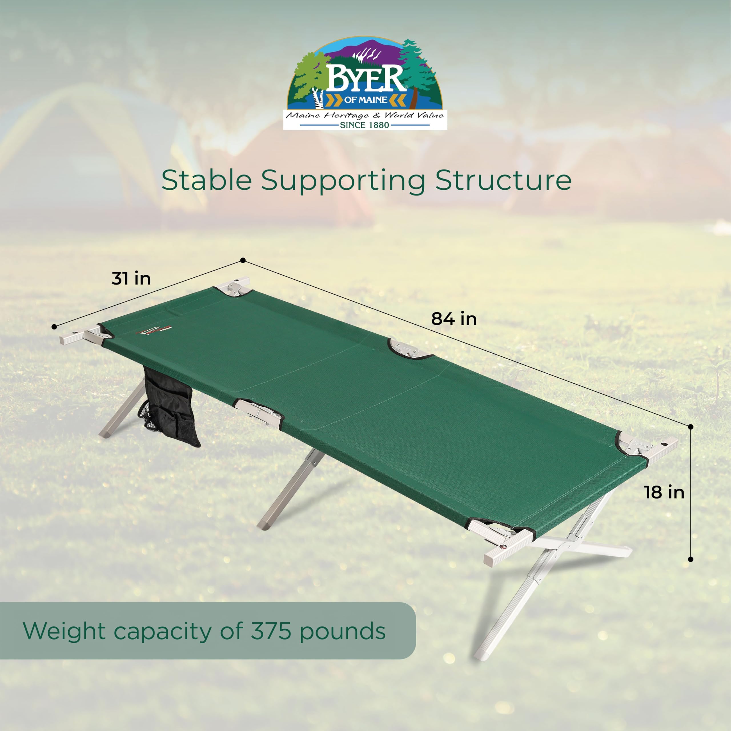 BYER OF MAINE military cot side profile highlights compact footprint for easy transport.