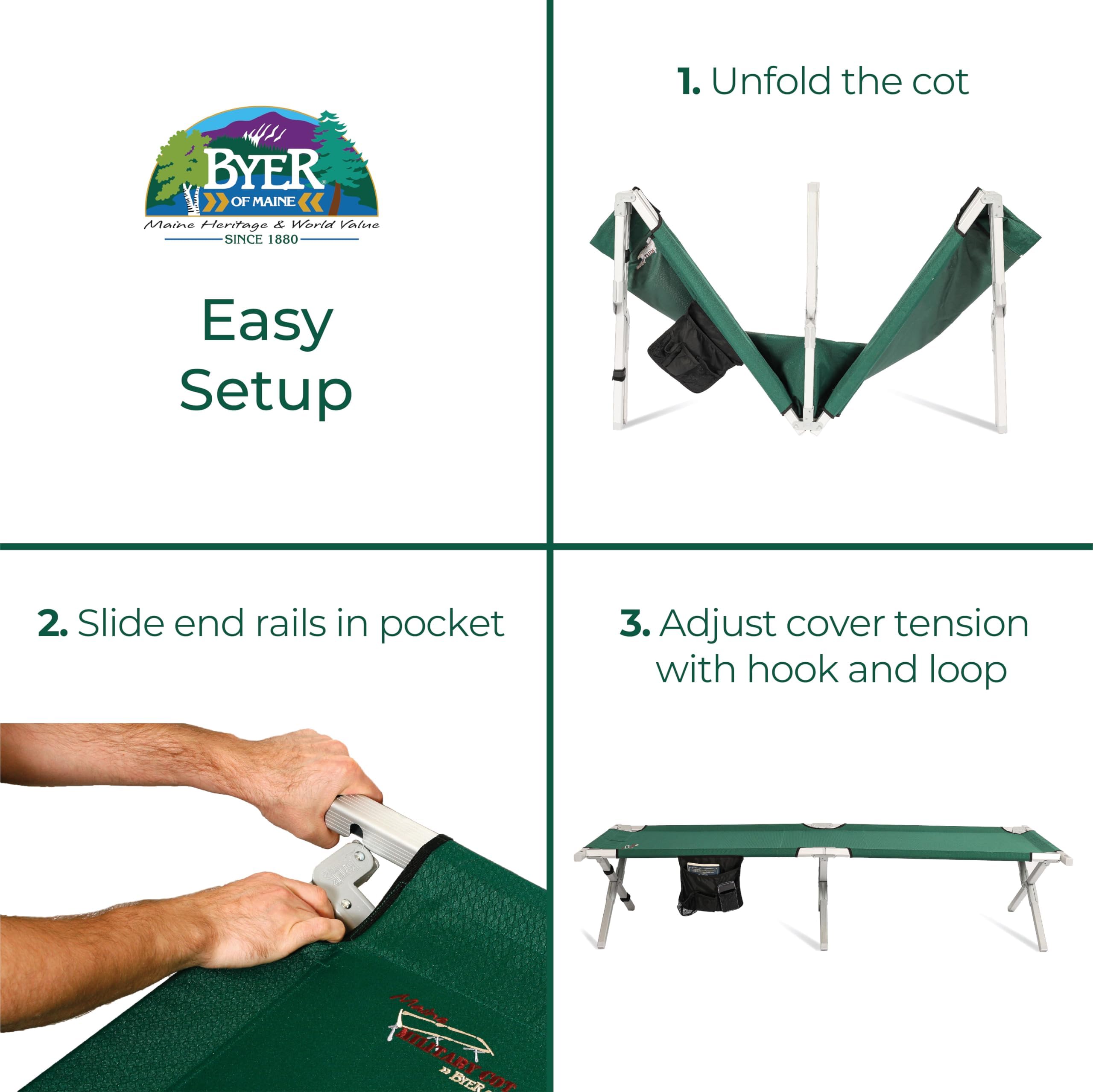 BYER OF MAINE cot storage pocket keeps gear organized on trips.