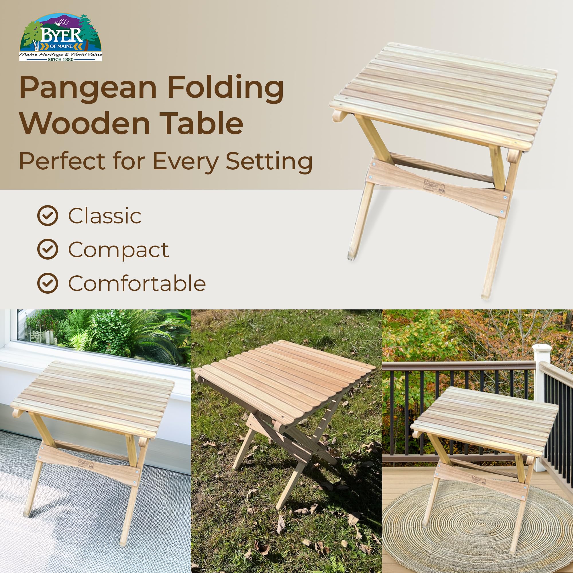 BYER OF MAINE Pangean folding table close-up, ash wood finish, weather-ready appearance.