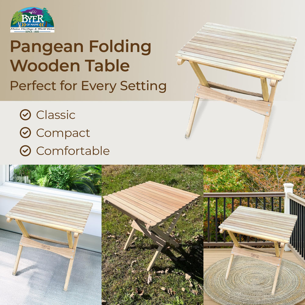 BYER OF MAINE Pangean folding table close-up, ash wood finish, weather-ready appearance.