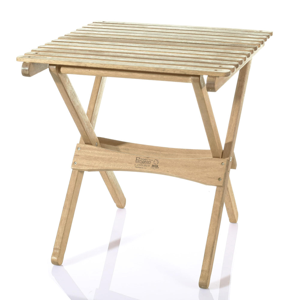 BYER OF MAINE Pangean folding side table, patio scene, space-saving outdoor companion.