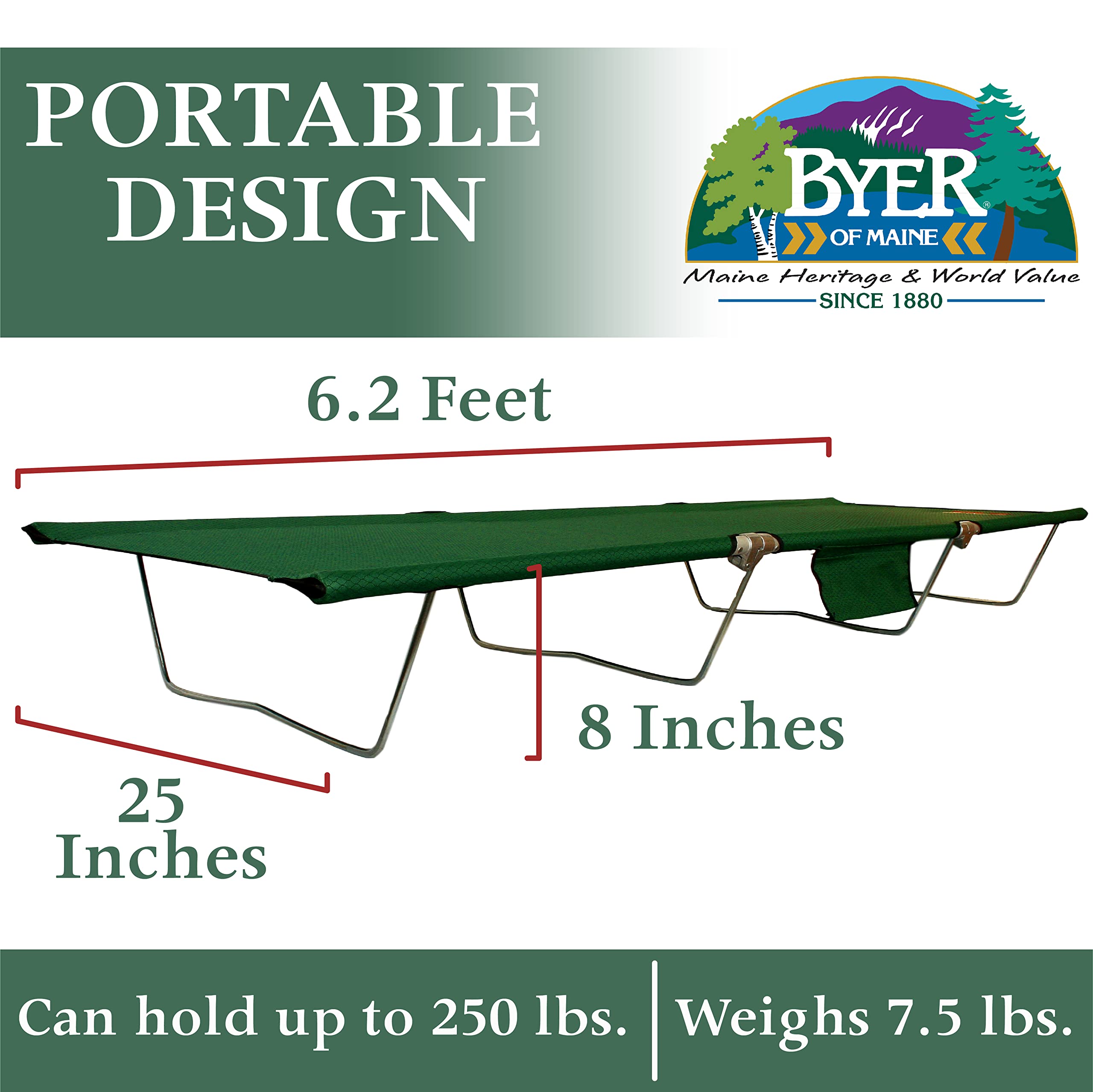BYER OF MAINE TriLite Cot aluminum frame close-up highlights sturdy construction.
