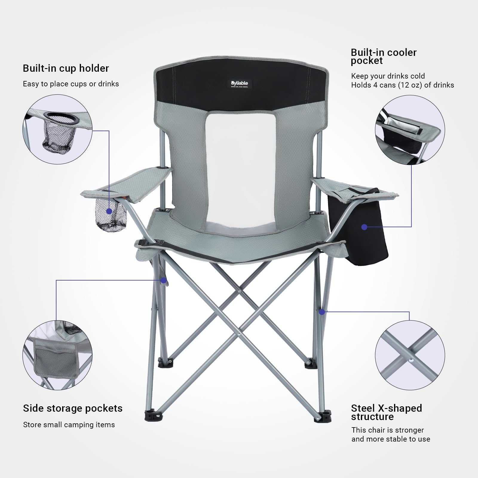 Byliable camping chair gray black built-in cooler highlights convenient refreshing drinks while relaxing