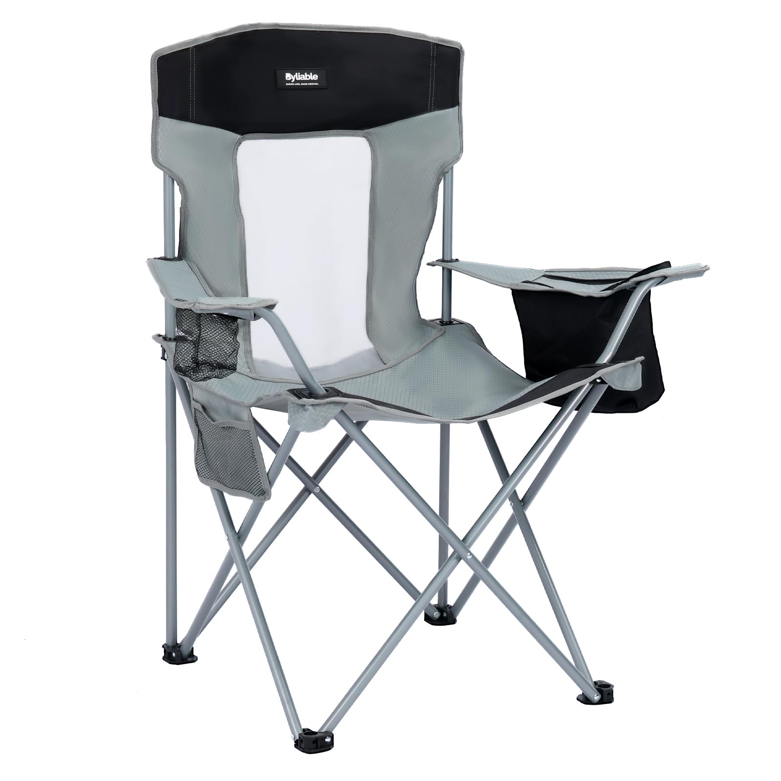 Byliable camping chair gray black front view highlights ergonomic support for extended outdoor seating
