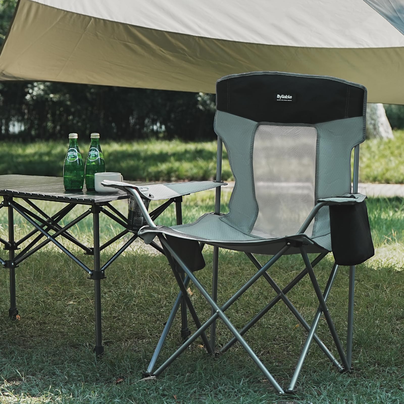 Byliable camping chair gray black side view shows sturdy frame ideal for outdoor lounges