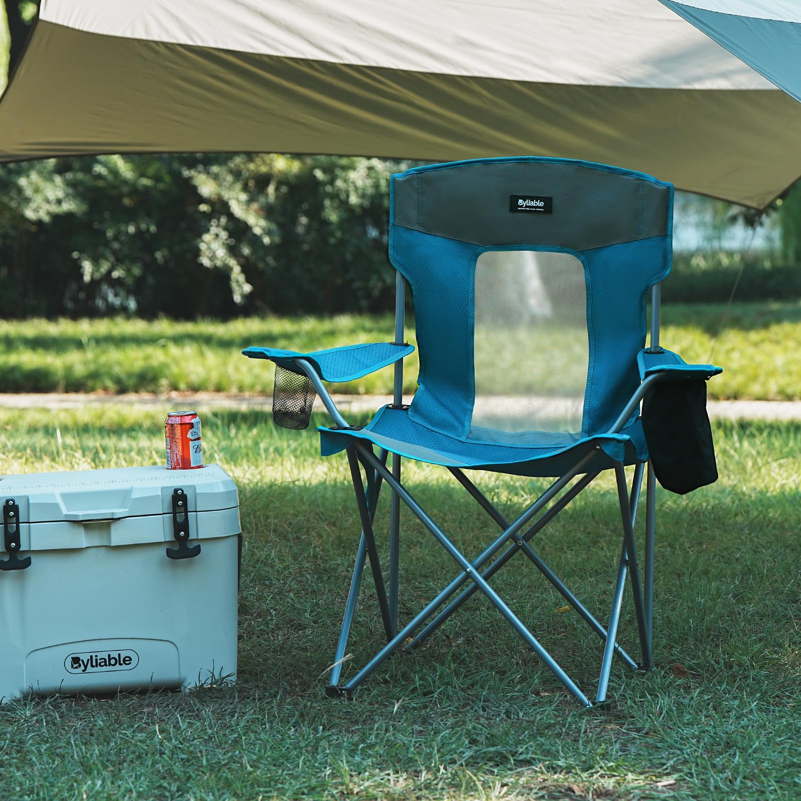 Byliable camping folding chair side pocket view with accessible storage for keys and snacks