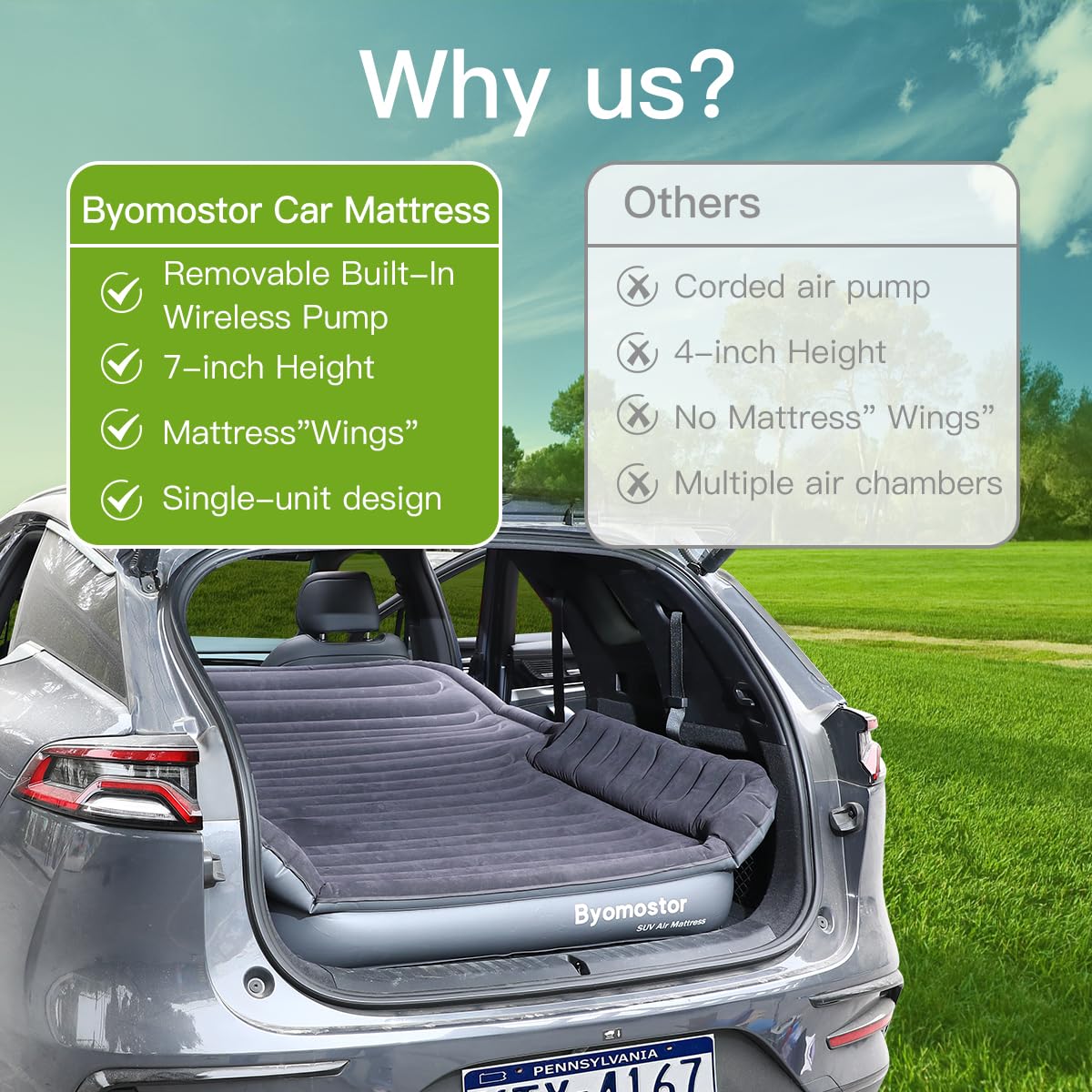 Byomostor SUV air mattress pairs with mid-to-large SUVs for stretch-and-rest camping
