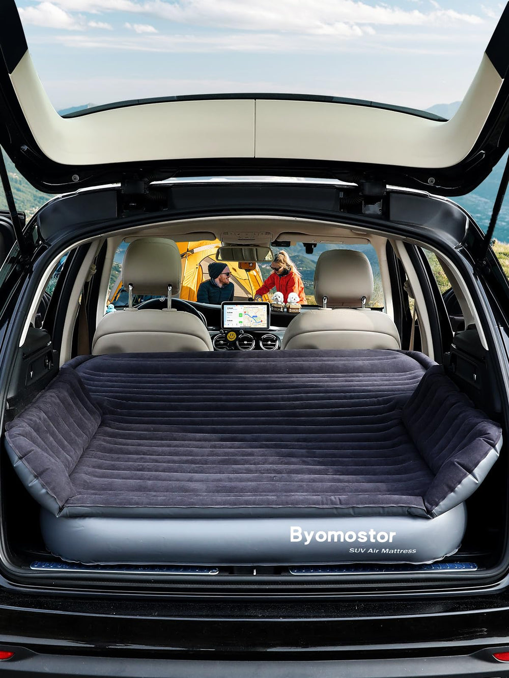 Byomostor SUV air mattress shows fast inflation with the built-in pump for easy road setup