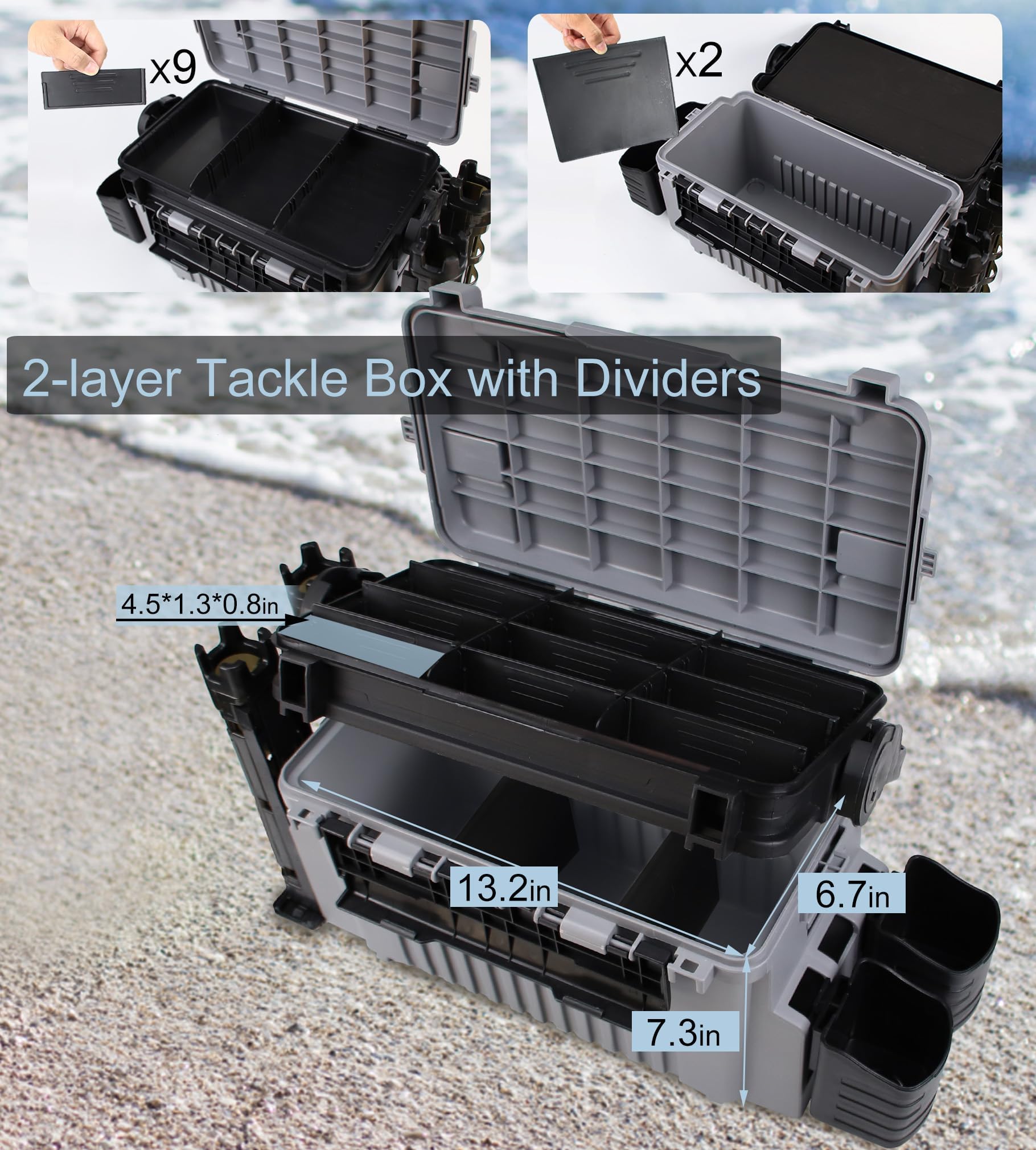 Opened 2-layer tackle box showing adjustable dividers