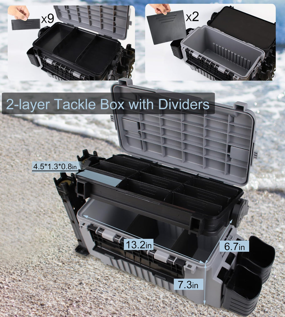 Opened 2-layer tackle box showing adjustable dividers