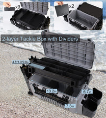Opened 2-layer tackle box showing adjustable dividers