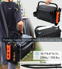 Saltwater fishing tackle box opened to show adjustable compartments