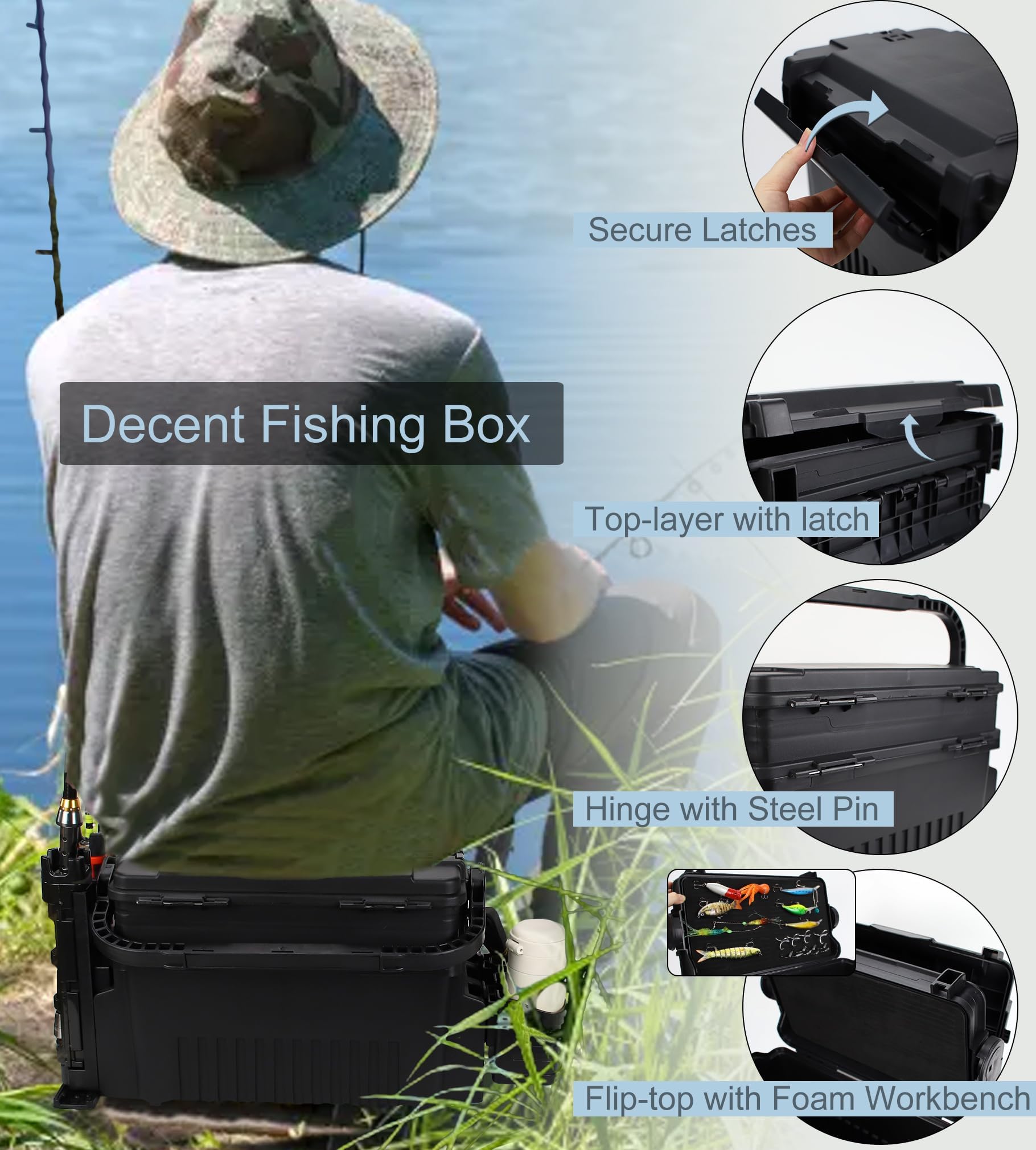 Paddle board fishing setup with tackle box and gear