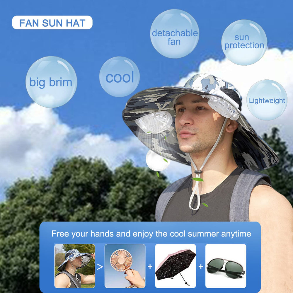 Byrotson camo gray sun hat with cooling fans for outdoors.